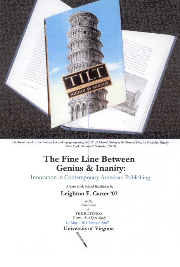 The poster for the RBS exhibition "The Fine Line Between Genius & Inanity," with an image of the Leaning Tower of Pisa overlaid against an open book.