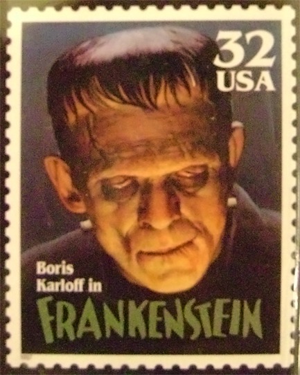 A postage stamp for 32 cents showing a still of Boris Karloff as Frankenstein