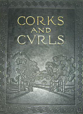 Cover of Corks & Curls 1915, 3rd ed., with black stamped-leather image of a house behind a tree-lined avenue
