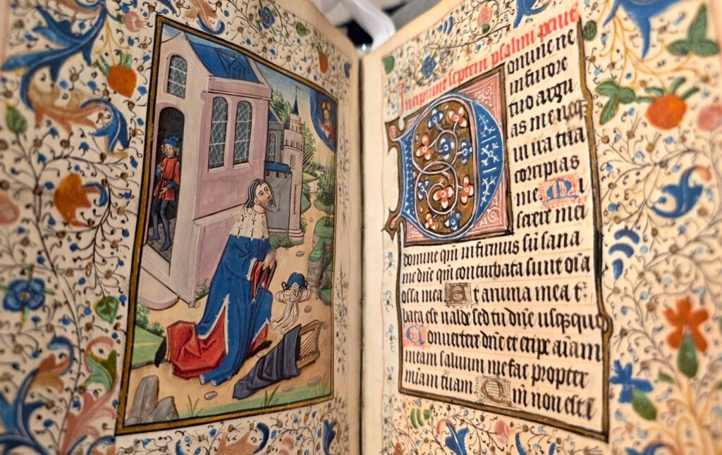 An open spread of a highly decorated late medieval book of hours, with floral designs in the margins. The miniature painting on the verso on the left shows King David kneeling in prayer, with his harp in a bag on teh ground before him. The facing recto page has a large illuminated and decorated capital D, with a rubricated header and a gold border outlining a text box with Latin text.