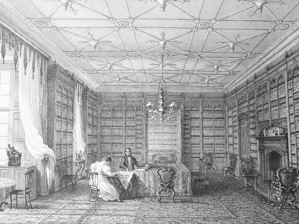 Engraving showing a large salon room lined with bookshelves and large floor-to-ceiling windows. A man and woman in early eighteenth-century clothing are seated at a table in the center of the room.