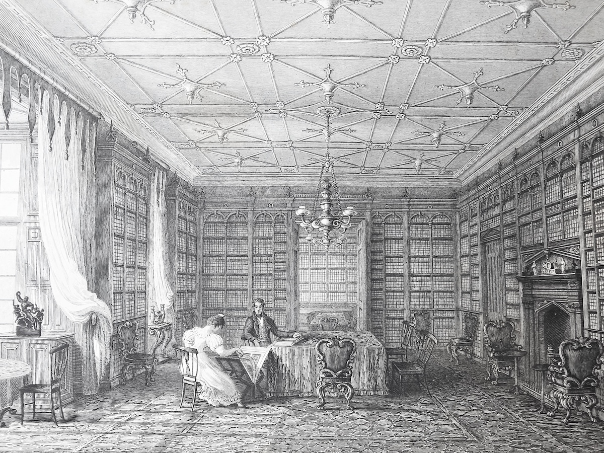Engraving showing a large salon room lined with bookshelves and large floor-to-ceiling windows. A man and woman in early eighteenth-century clothing are seated at a table in the center of the room.