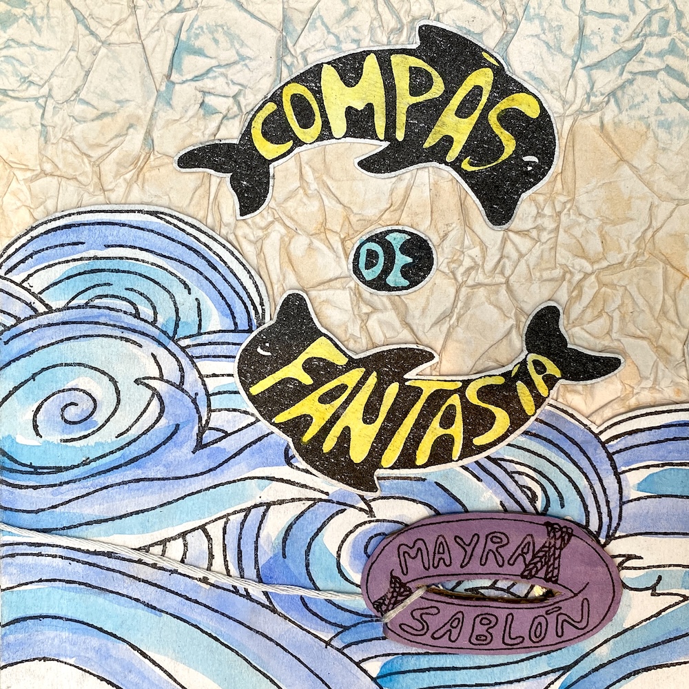 The cover of the Cuban children's book, "Compas de Fantasia," showing waves with the yellow title on leaping black outlines of dolphins.
