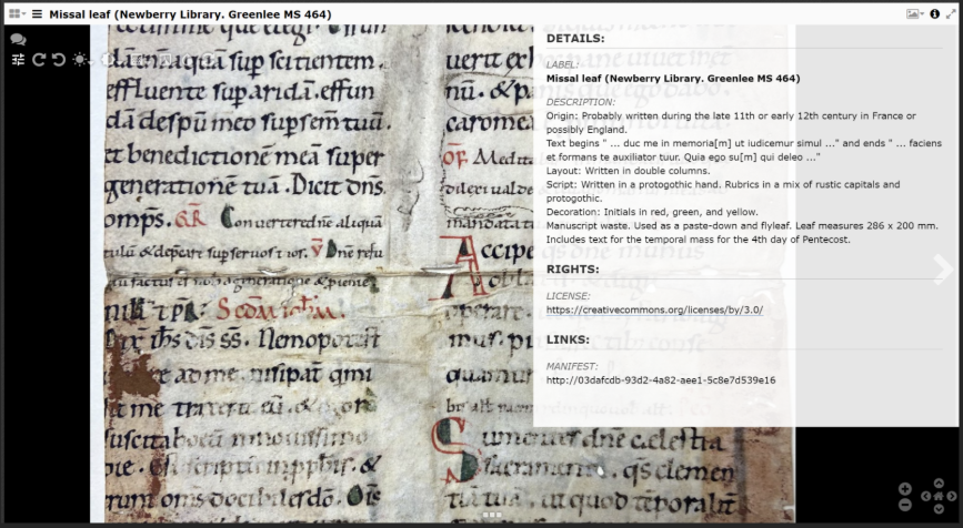 Screenshot of a medieval missal leaf from the Newberry Library (Greenlee MS 464) with a pop-up box of metadata overlaying part of it.