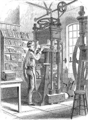 Lithograph image from Harpers Weekly showing a man standing in front of a tall press