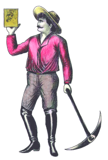 Drawing of a man in a link shirt, knee-high black books, fitted pants, and a yellow hat. He is holding a pickax in one hand and a book in the other