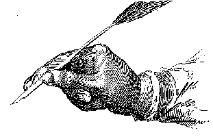 Pen drawing of a hand holding a quill pen
