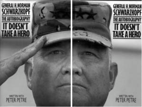 Dustjackets on General Norman Schwarzkopf's 1992 autobiography, "It Doesn't Take a Hero," show the left side of the author's face. The rest show the right side.