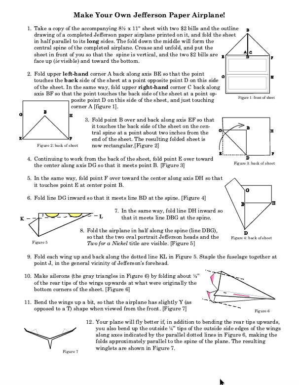 Instructions for folding a paper airplane from an image of two $2 bills
