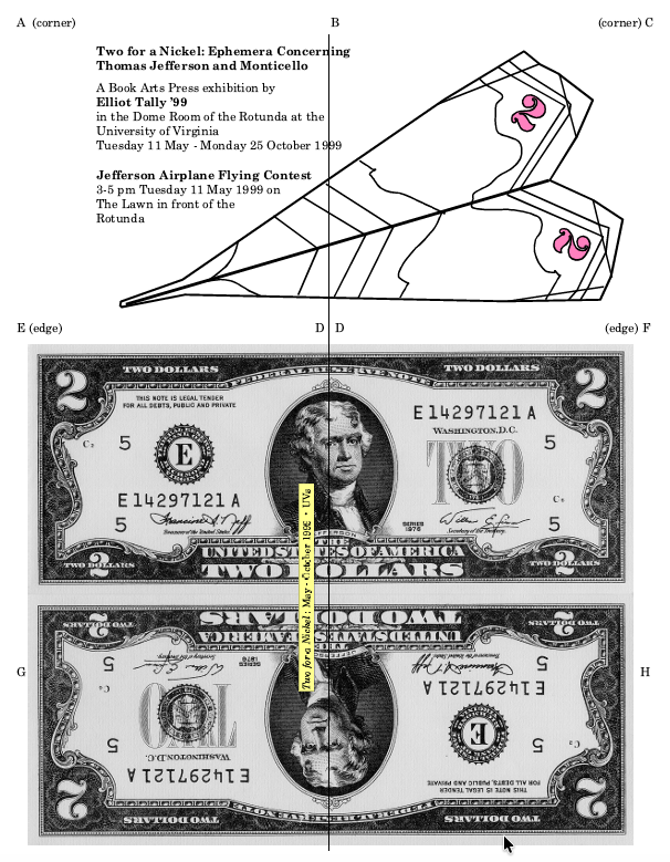 Graphic showing instructions for making a paper airplane out of a picture of two $2 bills, which are pictured below and labeled with the different fold edges