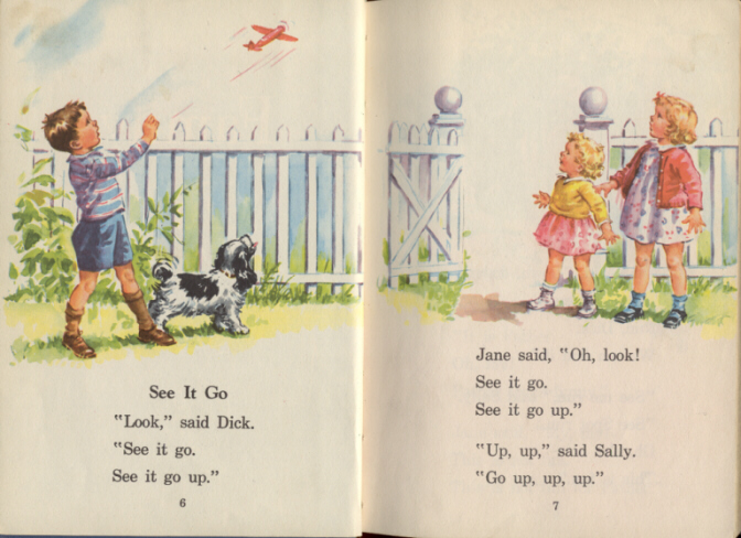 A spread from a Dick and Jane book, showing children and a puppy standing in front of a white picket fence and watching an airplane fly overhead