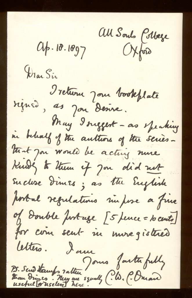 A handwritten letter from 1897, composed at All Souls College, Oxford