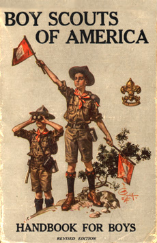 J. C. Leyendecker's cover illustration for the second edition of the Handbook (1914-1927), originally used as a Saturday Evening Post cover, contains errors. The boy is using Morse Code flags to send semaphore signals. Leyendecker's illustration was corrected in 1921 (after 14 printings) when the flags were changed from Morse (nested squares) to semaphore flags (single squares split diagonally into two triangles).
