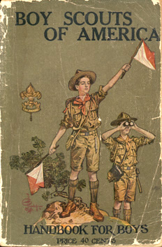 J. C. Leyendecker's cover illustration for the second edition of the Handbook (1914-1927), originally used as a Saturday Evening Post cover, contains errors. The boy is using Morse Code flags to send semaphore signals. Leyendecker's illustration was corrected in 1921 (after 14 printings) when the flags were changed from Morse (nested squares) to semaphore flags (single squares split diagonally into two triangles).
