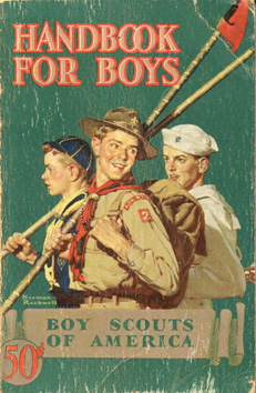 The cover of the fourth edition of the Handbook (1940-1948) features Norman Rockwell's painting The Scouting Trail. His illustration, first used in a more elaborate form on the 1939 Boy Scout calendar (see reproduction at the back of the case), was simplified for use here. Rockwell's annual Scouting paintings were usually used in several forms.