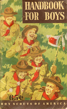 Norman Rockwell did not create the cover of the fifth edition of the Handbook. Artist Don Ross was responsible for this dull image - so dull, indeed, that it was quickly replaced. The fifth edition Handbook (1948-1959) introduced the Scout Slogan, “Do a good turn daily.” The fifth edition also is the first to include the Conservation Pledge: “I give my pledge as an American to save and faithfully to defend from waste the natural resources of my Country - its soil and minerals, its forests, water and wildlife.”