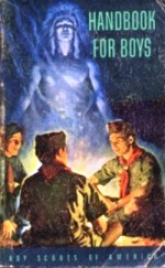 Don Ross replaced his original cover for the fifth edition of the Handbook after less than two years with a much more interesting one, depicting three Scouts in overseas caps, sitting around a campfire with the smoke forming an Indian behind them.