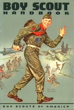 The sixth edition (1959-1965) features the only Norman Rockwell illustration made specifically for a Handbook cover; the artist did it in honor of the 50th anniversary of the founding of the Boy Scouts. Rockwell never quite finished his work on this painting; the background was filled in by someone else. The sixth edition of the Handbook is the first to credit a single author, William “Green Bar Bill” Hillcourt.