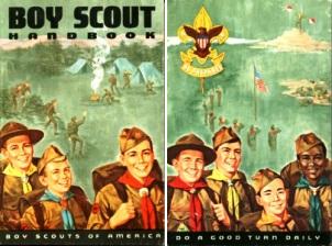 Dom Lupo's cover illustration for the seventh edition of the Handbook (1965-1972) is the first to show the faces of Boy Scouts of multiple ethnicities - although they appear only on the back cover.