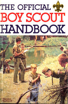 After the disastrous 1970's attempts to reach the inner-city boy, William “Green Bar Bill” came out of retirement to write the ninth edition (1979-1990) of the Handbook. Marking a return to traditional Scouting values, the ninth was the last edition to feature a Norman Rockwell painting on its cover, a calendar painting originally used in 1970, Come and Get It.