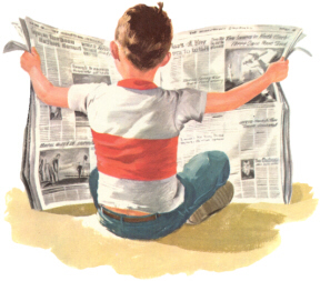 Picture of a seated boy with his back to the viewer as he holds open a newspaper.