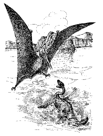 Line drawing of a pterosaur and a plesiosaur. Adaptation of line drawings by C. B. Davis that appeared in Jennie Irene Mix's 1912 book, Mighty Animals: Being Short Talks about Some of the Animals Which Lived on This Earth before Man Appeared (New York: American Book Company, 1912).