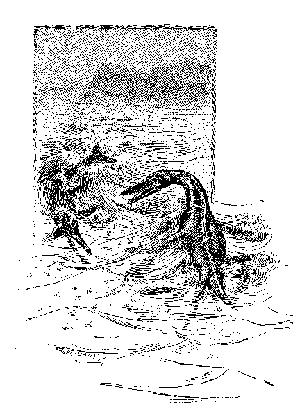 Line drawing of plesiosaurs. Adaptation of line drawings by C. B. Davis that appeared in Jennie Irene Mix's 1912 book, Mighty Animals: Being Short Talks about Some of the Animals Which Lived on This Earth before Man Appeared (New York: American Book Company, 1912).