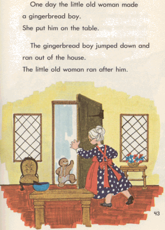 Page with text and illustration showing a scene from The Gingerbread Man