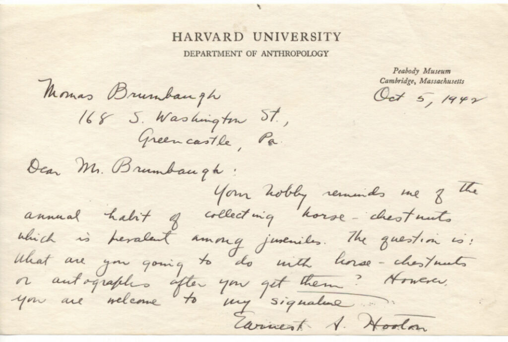 Memo from the Harvard University Department of Anthropology, sent to Thomas Brumbaugh in 1942