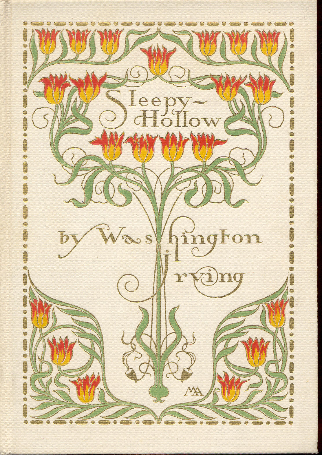 Cover of Washington Irving's "Sleepy Hollow," designed by Margaret Armstrong. The background is cream, with gold, green, red, and orange floral motifs and a scrolling title font.