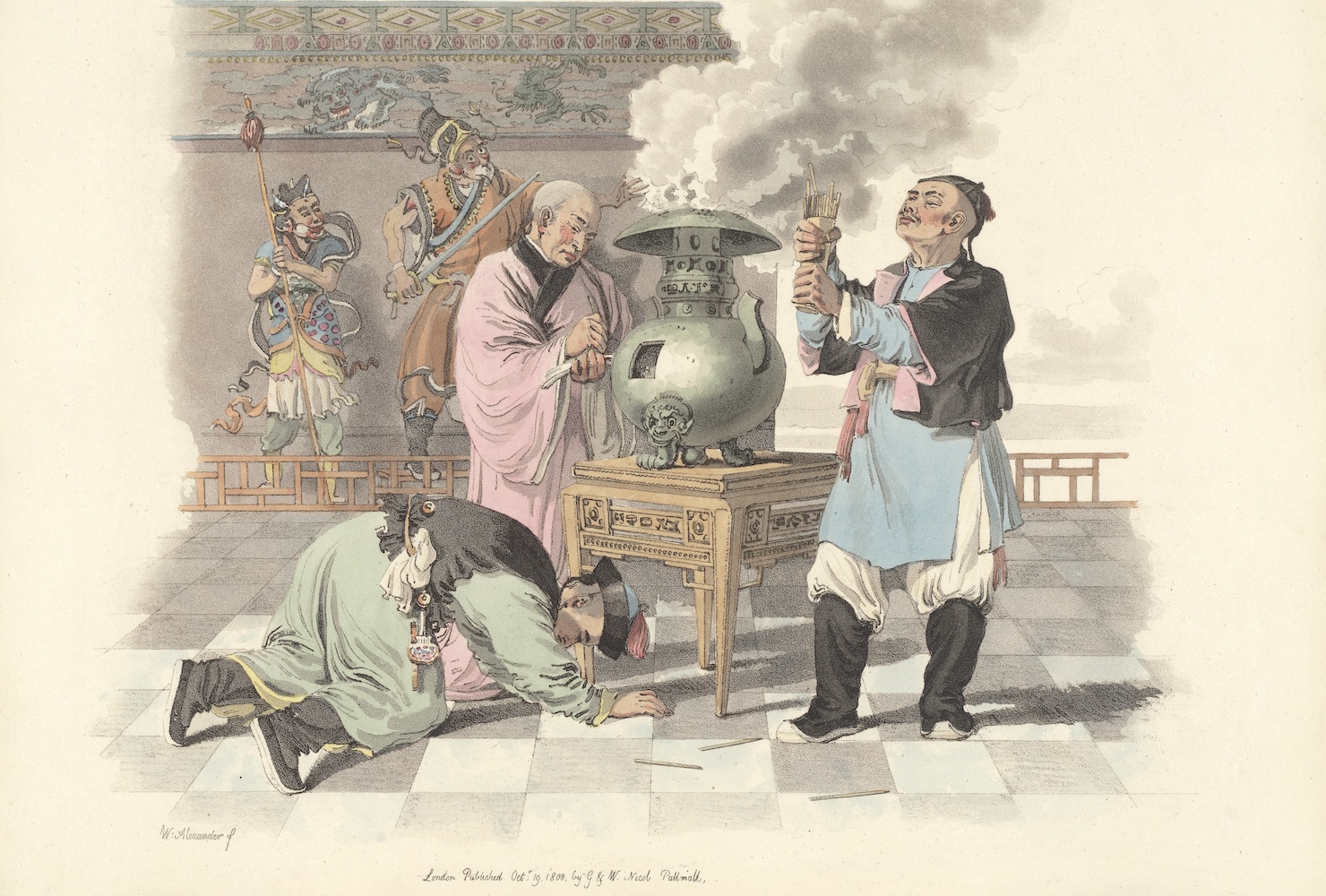 Aquatint image of a group of East Asian men standing around an ornate steaming stove that is resting atop a small table. One man is on his knees in front of the table (perhaps in prayer?). Behind them are a couple of figures who look like spirits or people in masks.