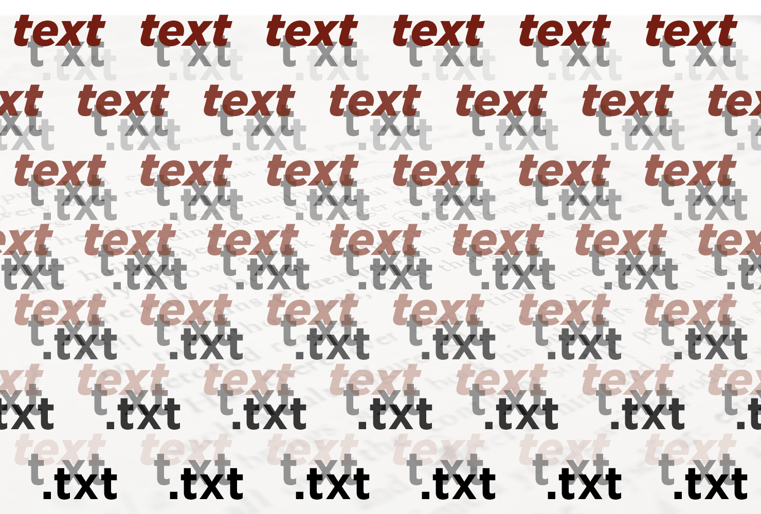 A graphic with the words/letters "text" "txt" and ".txt" stacked in repeated cascading layers. At the top of the image, the word "text" is in bold red while the other layers fade out. As one moves down the page, "text" fades out while ".txt" in black letters fades in.